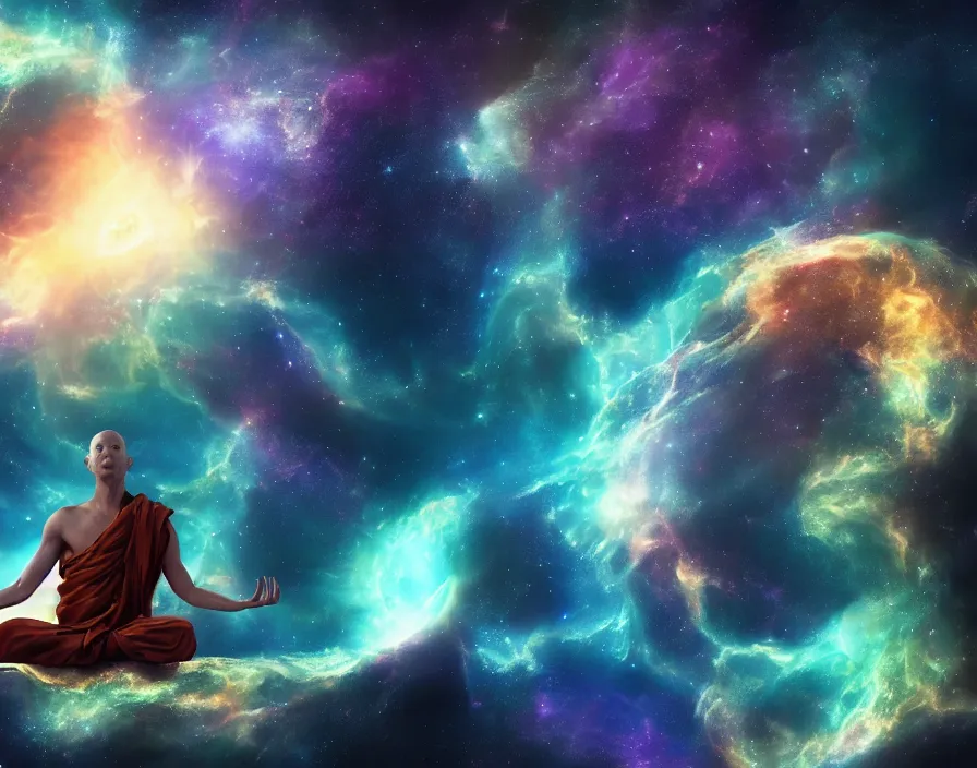 Image similar to energy meditating monk in space, nebula, stars, realistic, beautiful texture, beautiful graphics, fantasy artwork, very beautiful scenery, hd, hdr, ue 5, ue 6, unreal engine 5, cinematic 4 k wallpaper, 8 k, ultra detailed