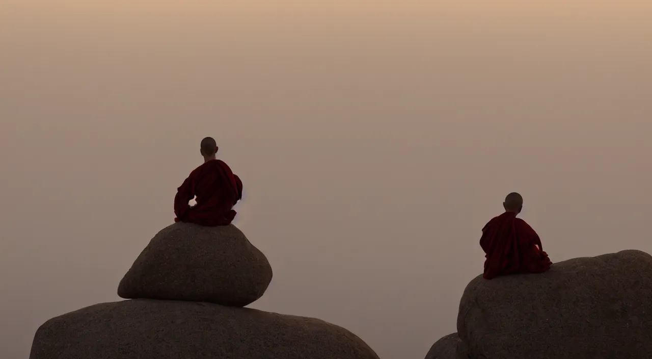 Image similar to a lonely silhouette of a meditating monk sitting in the fog on a stone protruding from the water in the rays of the morning sun, the focus of the camera on the monk, matthew snowden style.