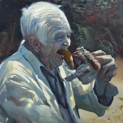 Image similar to a painting of a happy old man eating mud