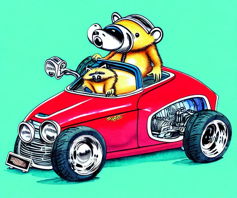 Image similar to cute and funny, racoon wearing a helmet riding in a tiny hot rod plymouth prowler with oversized engine, ratfink style by ed roth, centered award winning watercolor pen illustration, isometric illustration by chihiro iwasaki, edited by range murata, details by artgerm