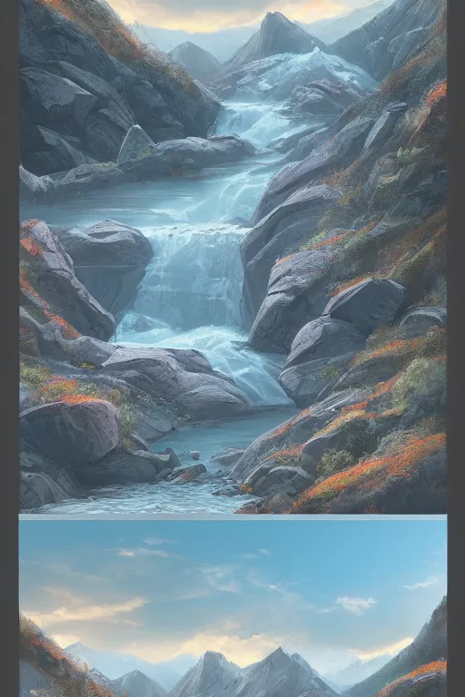 Image similar to mountaintop river flat illustration matte painting trending on artstation