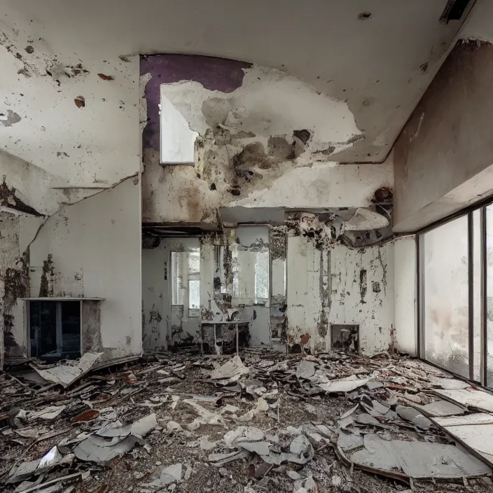 Image similar to derelict modern home interior, color photograph, canon eos c 3 0 0, ƒ 1. 8, 3 5 mm, 8 k, medium - format print