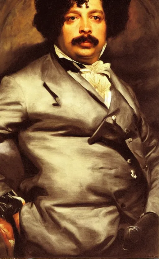 Image similar to Portrait of Alexandre Dumas, oil on canvas, highly detailed, high contrast, by Franz Xaver Winterhalter, Henry Ossawa Tanner, Anthony van Dyck, 8k