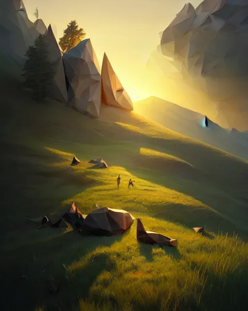 Prompt: summer evenings in the low - poly hills, diffuse lighting, intricate, elegant, highly detailed, lifelike, photorealistic, digital painting, artstation, illustration, concept art, smooth, sharp focus, by greg rutkowski, valentina remenar and asher duran,