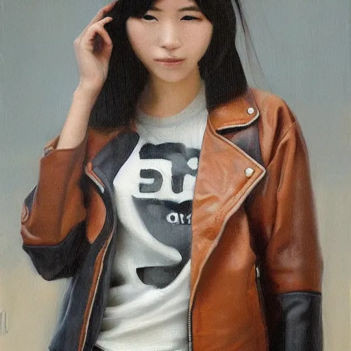 Image similar to perfect, realistic oil painting of close-up japanese young woman wearing leather jacket, in Fallout