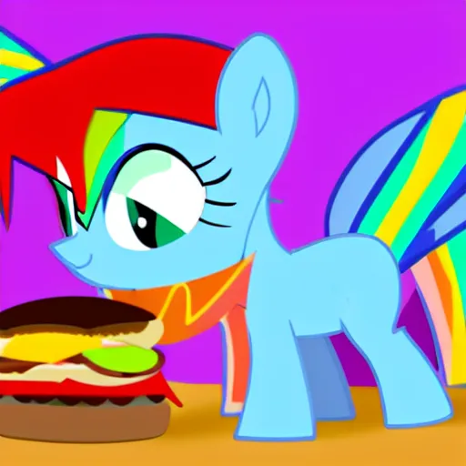 Prompt: rainbow dash eating a hamburger
