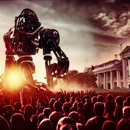 Image similar to a crowd of terminators gleaming in the sunlight surrounding the White House, ominous, 4k, 8k, octane, red, black, gunmetal