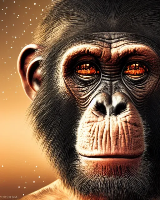 Image similar to very detailed high resolution illustration portrait of a chimpanzee wearing fantasy armor, backlit, stars, night, surrounded, 3 d, 8 k, extremely detailed, artstation, award winning