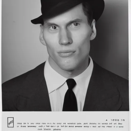 Image similar to A photograph portrait of Jerma985 wearing a suit with and fedora in the 1950s, taken in the early 1950s, grainy, taken on a 1950s Kodak Camera, realistic, hyperrealistic, very realistic, highly detailed, very detailed, extremely detailed, detailed, digital art, trending on artstation