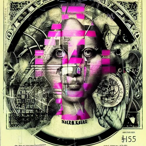 Prompt: post - punk new age album cover, asymmetrical design, mess, frame of a dollar bank notes, capitalism, magic, apocalypse, psychedelic, black white pink, magic, giger h. r., giuseppe arcimboldo