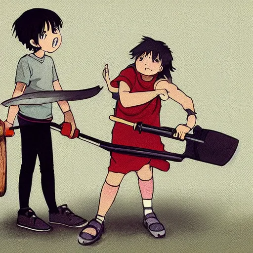 Prompt: a girl holding a comically large hammer and slapping it on the head of a boy, anime art, smooth, elegant, HD, Studio Ghibli
