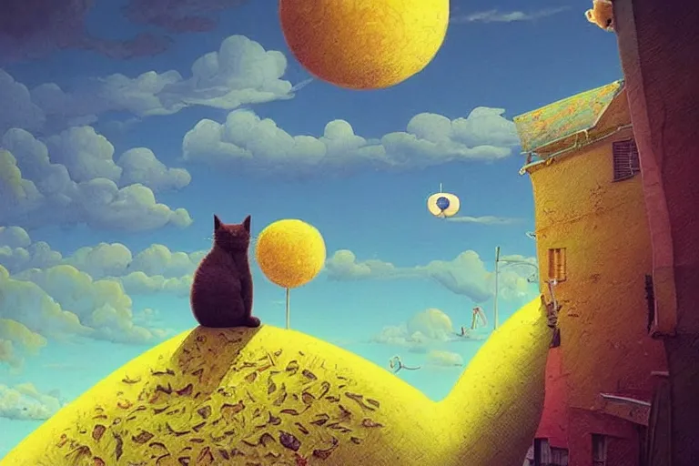 Image similar to surreal cat floating in the sky, summer morning, very coherent and colorful high contrast, art by!!!! gediminas pranckevicius!!!!, geof darrow, dark shadows, hard lighting