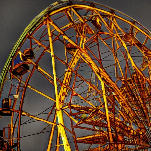 Image similar to an old abandoned rusty ferris wheel, in a town filled with pale yellow mist. Dystopian. Award-winning colored photo. OM system 12–40mm PRO II 40mm, 1/100 sec, f/2 8, ISO 800