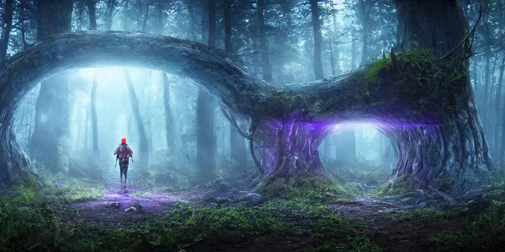 Image similar to a hiker discovers a large portal to an alternate dimension in a dark gloomy foggy fantasy mushroom forest, blue lights suround the portal, large mushrooms, high quality rendering, digital art