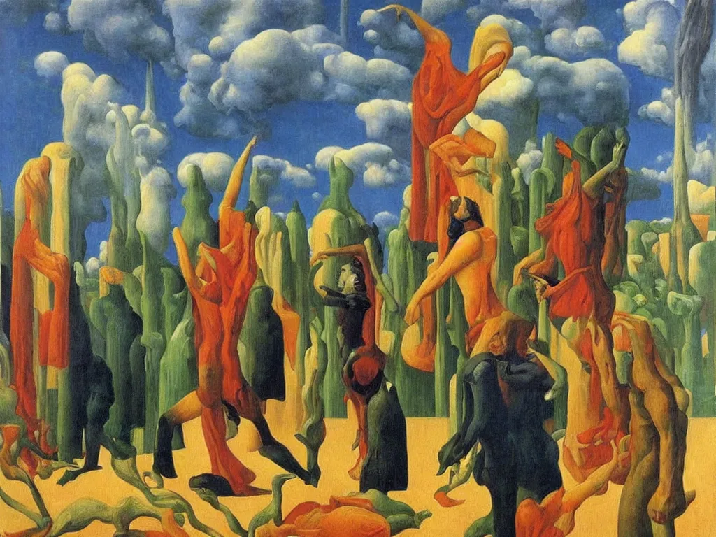 Image similar to Scene from a Romanian movie. Painting by Rene Magritte, Jean Delville, Max Ernst, Maria Sybilla Merian