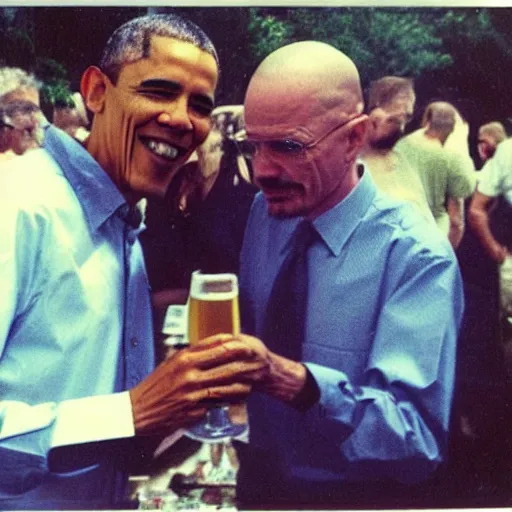 Image similar to Obama and Walter White sharing a beer at the family bbq, Polaroid image