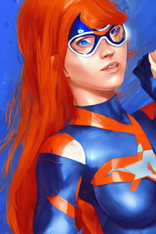 Prompt: blue eyed female Latin superhero with long hair and orange transparent goggles, WLOP, by marvel, trending on artstation