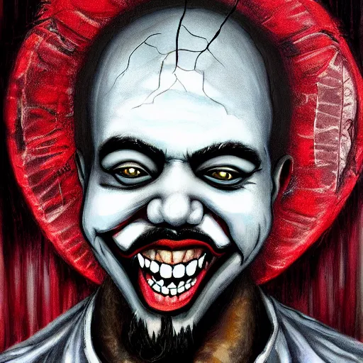 Image similar to grunge painting of kanye with a wide smile and a red balloon by chris leib, loony toons style, pennywise style, corpse bride style, horror theme, detailed, elegant, intricate