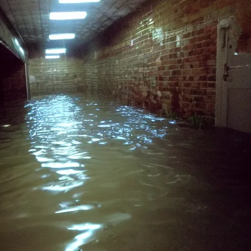 Prompt: a flooded creepy empty basement hallway, craigslist photo