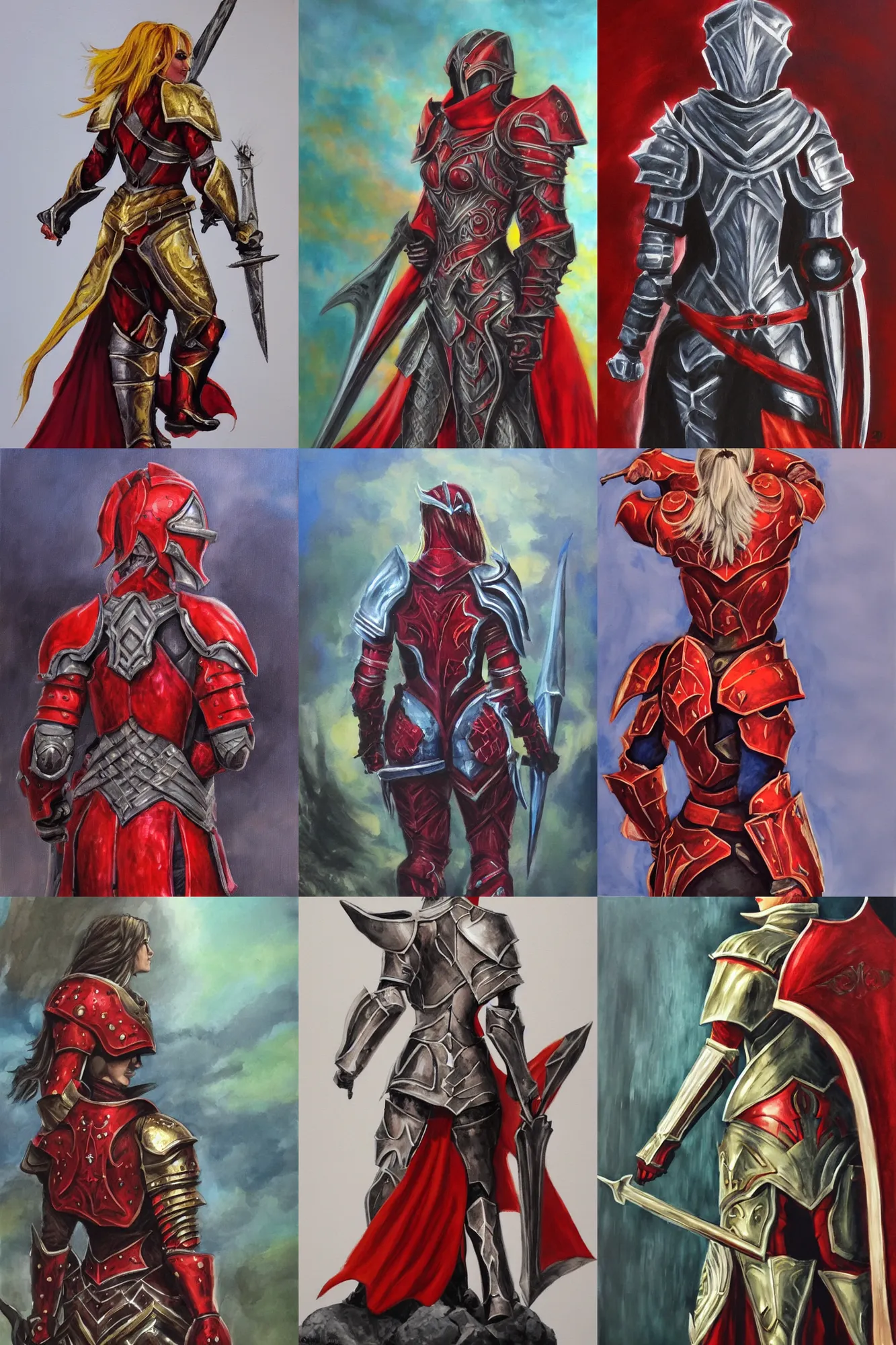 Prompt: Female paladin, dnd, d&d, red armor, looking from behind, high fantasy, acrylic painting