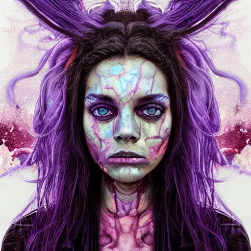 Image similar to detailed photo portrait of a furious teen girl with thin, hair-like purple tentacles on her head and bright purple eyes, 8k,by tristan eaton, Stanley Artgermm,Tom Bagshaw,Greg Rutkowski,Carne Griffiths,trending on DeviantArt, face enhance,hyper detailed ,full of colour, dramatic lightning