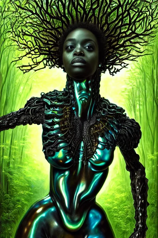 Prompt: hyperrealistic post - baroque super expressive! black woman with exoskeleton armor, merging with tree in a forest, highly detailed digital art masterpiece smooth cam de leon eric zener dramatic pearlescent blue green light ground angle hd 8 k sharp focus