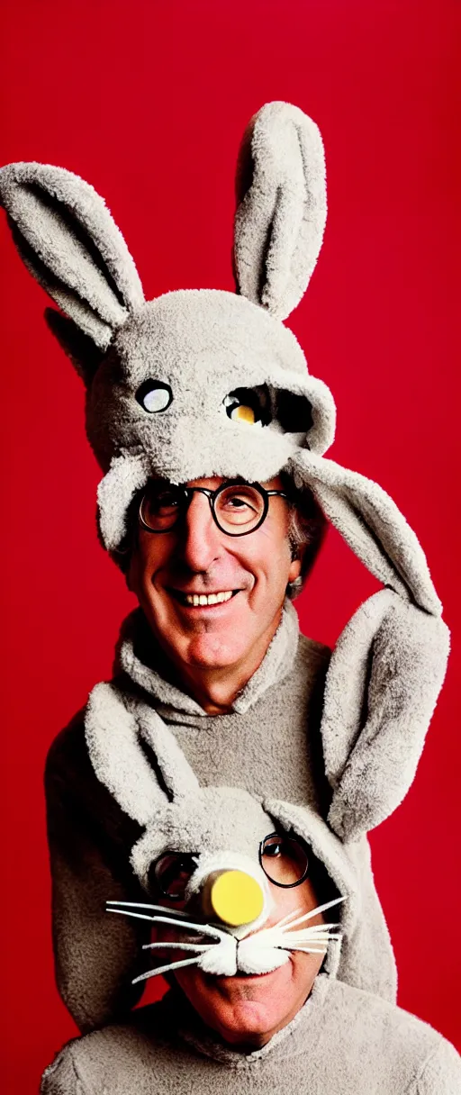 Image similar to award winning photo of larry david playing poker wearing bunny costume, vivid colors, happy, symmetrical face, beautiful eyes, studio lighting, wide shot art by Sally Mann & Arnold Newman