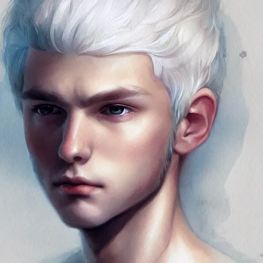 Image similar to young boy, white hair, gorgeous, amazing, delicate, elegant, intricate, highly detailed, watercolor, portrait, artstation, concept art, sharp focus, illustration, art by charlie bowater and ross tran