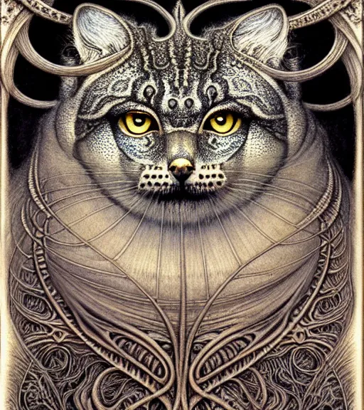 Image similar to detailed realistic beautiful manul goddess face portrait by jean delville, gustave dore, iris van herpen and marco mazzoni, art forms of nature by ernst haeckel, art nouveau, symbolist, visionary, gothic, neo - gothic, pre - raphaelite, fractal lace, intricate alien botanicals, ai biodiversity, surreality, hyperdetailed ultrasharp octane render