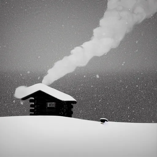 Image similar to a cabin on a hill, snowatorm, winter, smoke rising from the pipe, by alex andreev, landscape, high contrast, digital