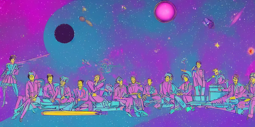 Image similar to twelve astronauts sitting by the river with a big holiday cake + psychedelic vegetation + purple, pink, blue + planets and stars + mystical fog, vintage sci - fi style of the 5 0 s, rule of the third!!!!, line graphics, 8 k, super detail, high quality