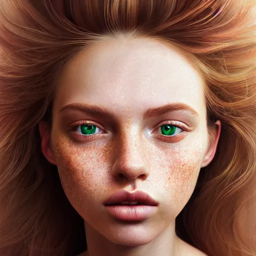 Image similar to beautiful hyperrealism hyperdetailed selfie of a cute young woman, long light bronze brown hair, flushed face, red blush, light freckles, puffy lips, soft features, emerald green eyes, 8 k, sharp focus, art by irakli nadar