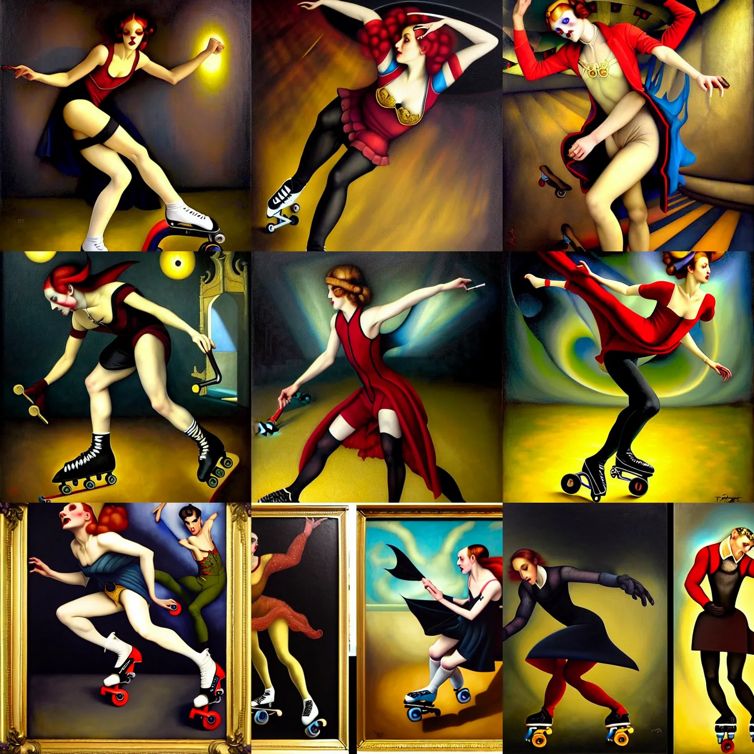 Prompt: dynamic composition, a painting of a vampire skating on roller skates in a medieval roller rink, a surrealist painting by tom bagshaw and jacek yerga and tamara de lempicka and jesse king, featured on cgsociety, pop surrealism, surrealist, dramatic lighting, wiccan, full body portrait, highly - detailed, pre - raphaelite, ornate gilded details