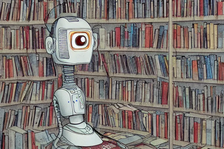 Image similar to a robot reading all the human knowledge made to date, katsuhiro otomo