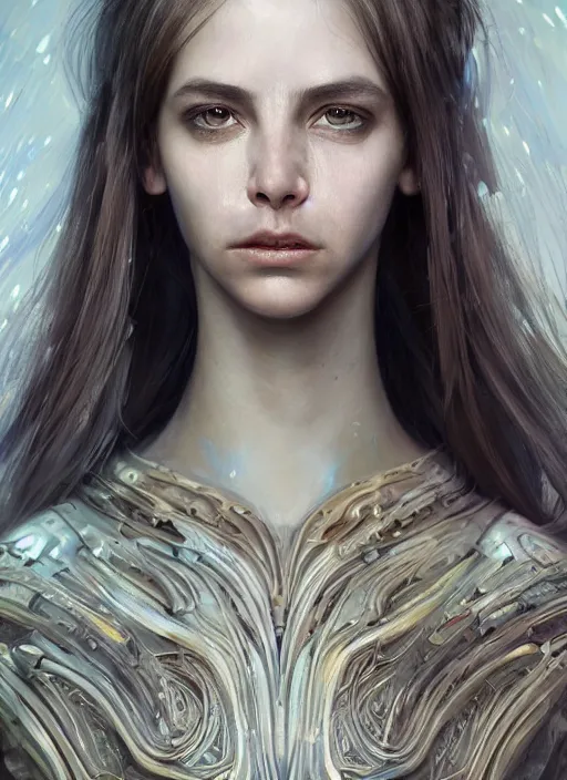 Image similar to a photorealistic portrait of a beautiful young female alien, clothed in ethereal armor, olive skin, long dark hair, beautiful bone structure, symmetrical facial features, intricate, elegant, digital painting, concept art, smooth, sharp focus, finely detailed, illustration, from Valerian and the City of a Thousand Planets, by Ruan Jia and Mandy Jurgens and Artgerm and William-Adolphe Bouguerea