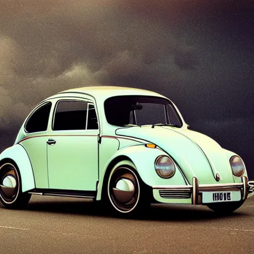 Image similar to Futuristic new Volkswagen Beetle with gullwing doors, retro futuristic, hyper realistic, award winning photograph, 1980 photo