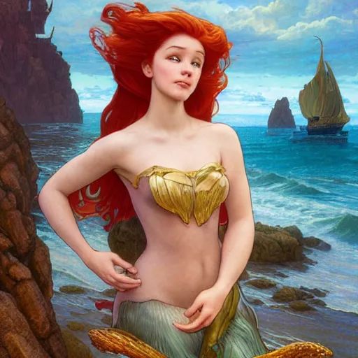 Image similar to Ariel in The Little Mermaid, highly detailed, digital painting, artstation, concept art, smooth, sharp focus, illustration, ArtStation, art by artgerm and greg rutkowski and alphonse mucha and J. C. Leyendecker and Edmund Blair Leighton and Katsuhiro Otomo and Geof Darrow and Phil hale and Ashley wood and Ilya repin and Charlie Bowater