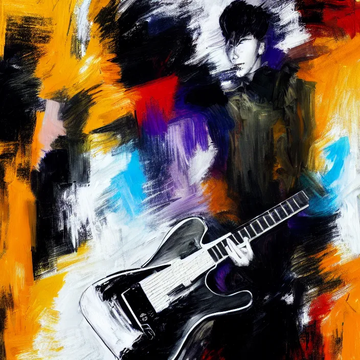 Image similar to large diagonal brush strokes, abstract dark painting of a young korean male musician wearing black tank top holding a telecaster!!! electric guitar!!, thick flowing dramatic brush strokes, dark matte colors!!, abstract, impressionist, motion, trending on artstation