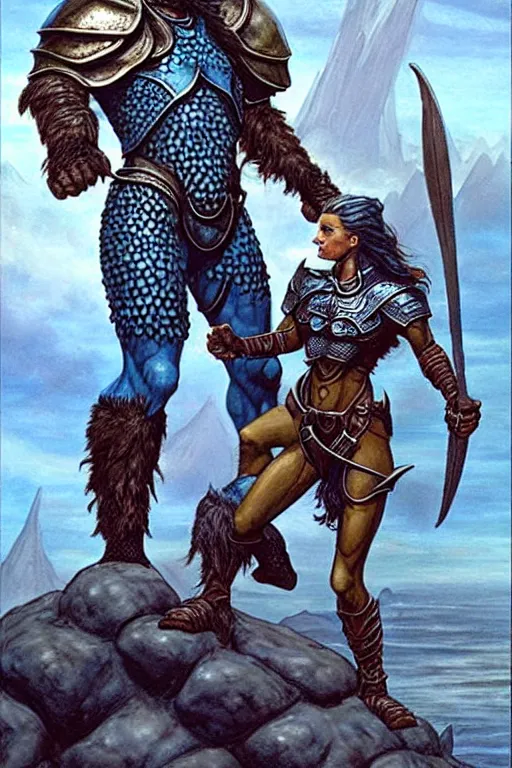 Prompt: a small blue-skinned triton girl wearing scale armor riding on a the shoulders of a large male goliath wearing fur and leather armor, dnd concept art, painting by Clyde Caldwell