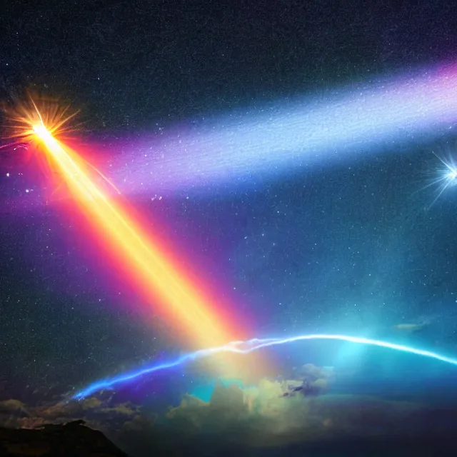 Image similar to glowing rainbow beam of light in space, vintage