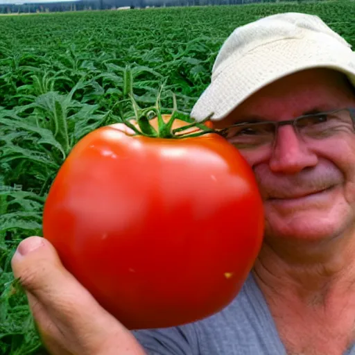 Prompt: proud farmer holding the world's largest tomato