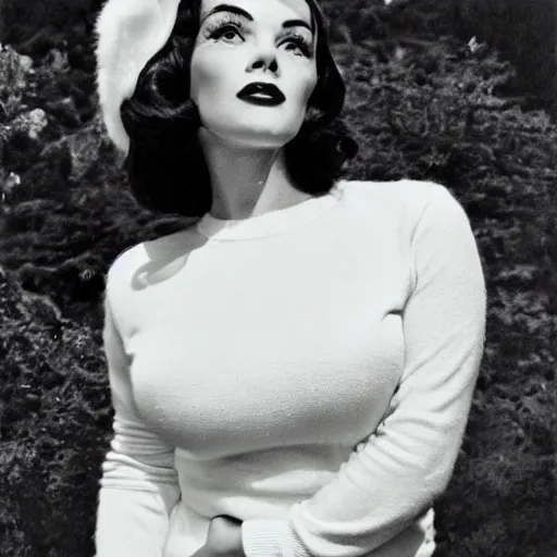 Prompt: an analog Kodak brownie portrait pin-up photography of a 1960s glamour model, Bettie Paige, white sweater, subdued colors, 120mm film, film grain, hq, detailed, realistic