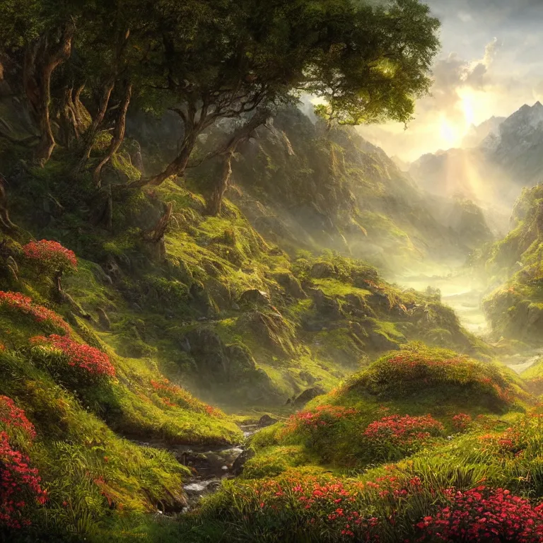 Prompt: a lord of the rings scenery landscape, vast lush valley flowers, stream, sunrise, god's rays highly detailed, vivid colour, soft clouds, floral sunset, cinematic lighting, perfect composition, 8 k, gustave dore, derek zabrocki, greg rutkowski, belsinski, octane render