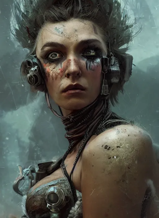 Prompt: hyper realistic photography portrait of postapocalyptic cyberpunk pagan medieval tribal festival warrior curvy partygirl valkyr face cinematic, vallejo, craig mullins greg rutkowski, artstation, cgsociety