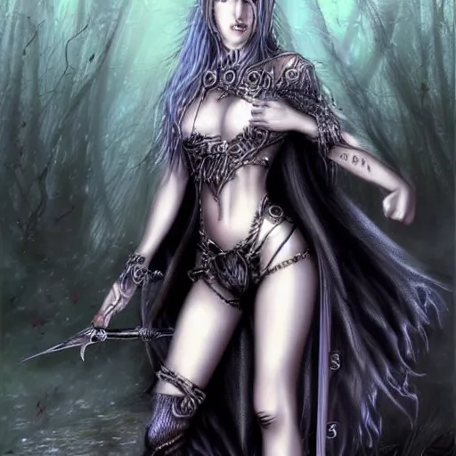 Image similar to nice girl with fantasy outfit in the style of luis royo and boris