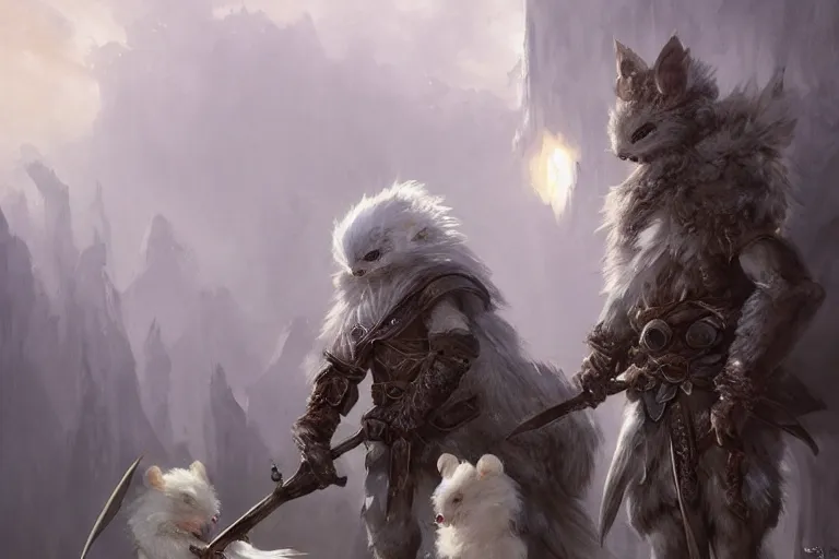 Prompt: dungeons and dragons fantasy painting, close order phalanx of feathered mice spartans, 3 0 0, whimsical and cute, determined expressions, watery eyes, anime inspired, white fur, tufty whiskers, steel blades, dawn lighting, by brain froud jessica rossier and greg rutkowski