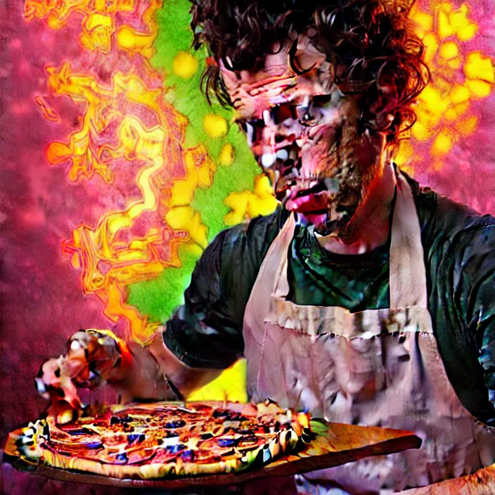 Image similar to bright psychedelic portrait of tom waits baking pizza, diffuse lighting, fantasy, intricate, elegant, highly detailed, lifelike, photorealistic, digital painting, artstation, illustration, concept art, smooth, sharp focus, art by John Collier and Albert Aublet and Krenz Cushart and Artem Demura and Alphonse Mucha