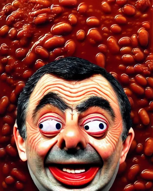 Prompt: portrait of mr bean's face in a bowl full of baked beans, head fully covered in beans and tomato sauce, beans on his eyes, tomato sauce on his skin, rowan atkinson, muted colors, surrealist oil painting, highly detailed