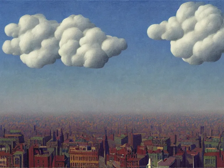 Image similar to city on clouds, painting by rene magritte, centered, high detail, high resolution