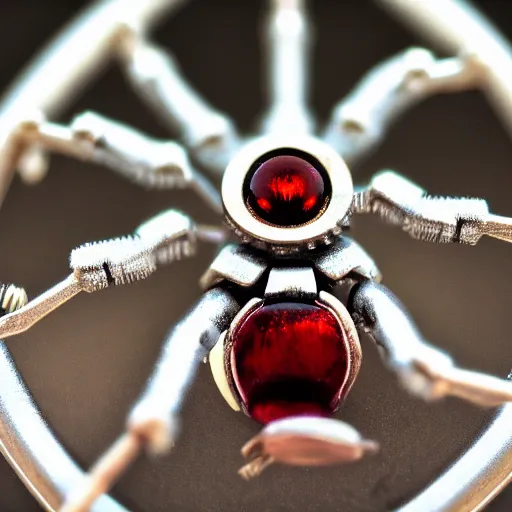 Image similar to macro photograph of a miniature mechanical spider made of silver and garnets, flickr